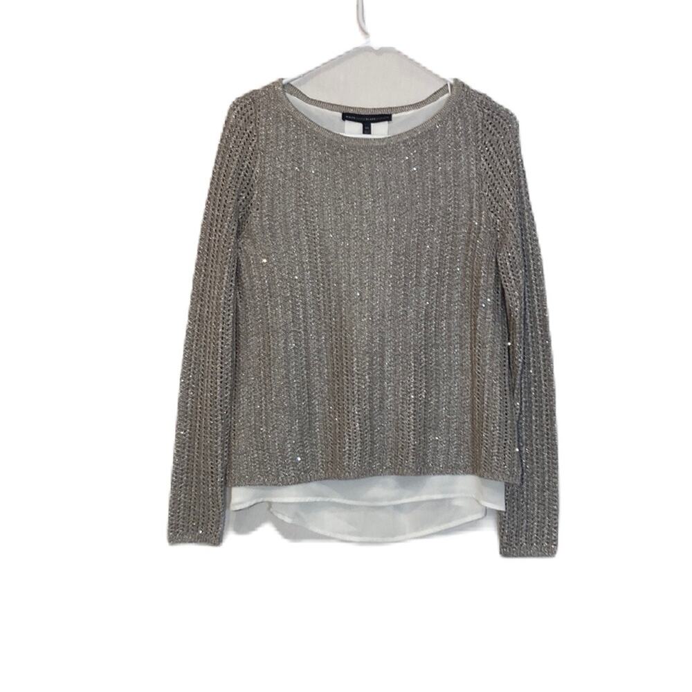 WHBM White House Black Market Sequin Grey Silver Metallic Sweater Blouse Size XS